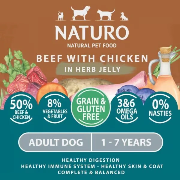 NATURO Grain & Gluten Free Beef with Chicken in a Herb Jelly Adult Wet Dog Food in Can 390g Naturo Dog Food - View 2 | Petsware UK