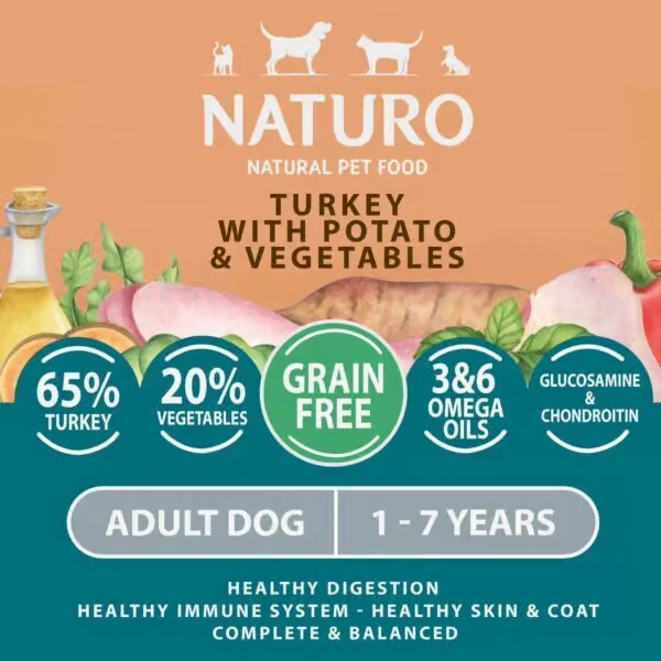 NATURO Grain Free Turkey with Potato & Vegetables Adult Wet Dog Food 400g Tray Naturo Dog Food - View 2 | Petsware UK