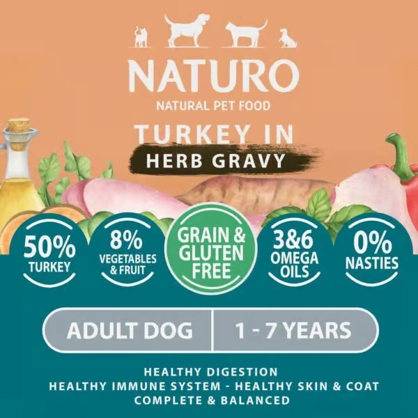 NATURO Grain & Gluten Free Turkey Fruit & Veg in Herb Gravy Wet Dog Food Can 390g Naturo Dog Food - View 2 | Petsware UK